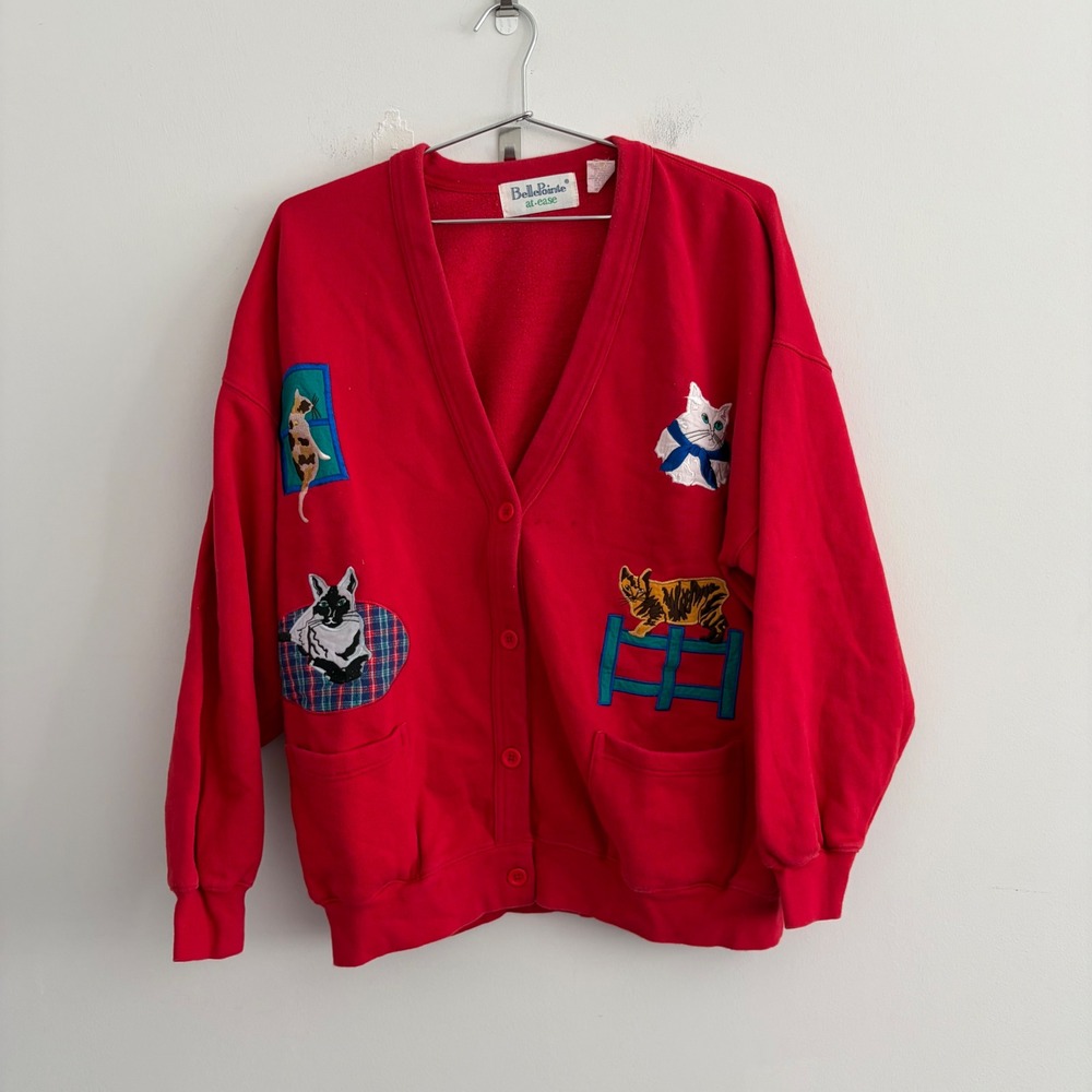 BellePointe at Ease Red Cat Embroidered Cardigan Sweatshirt Mens One Size